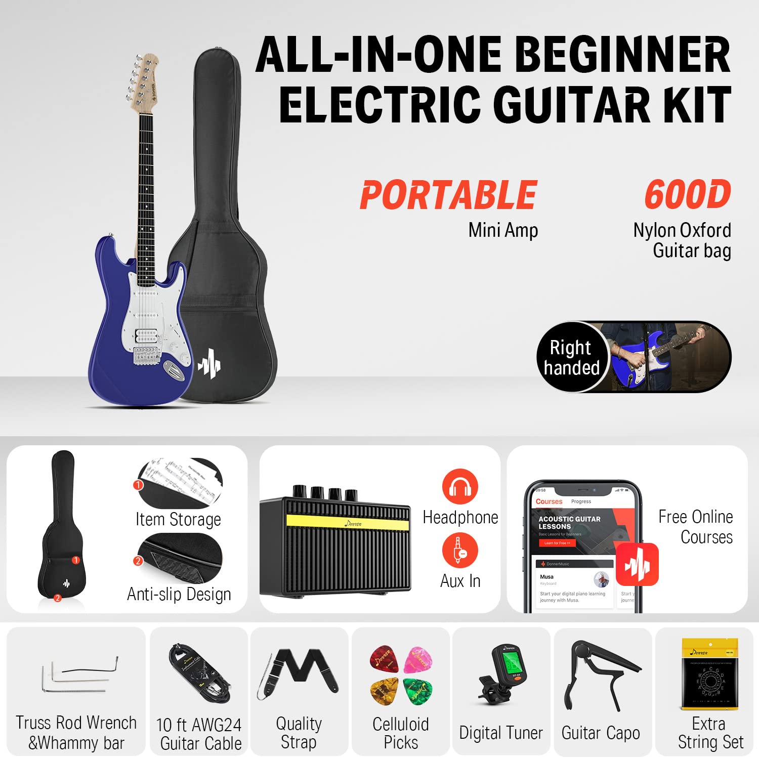Donner DST-100L 39 Inch Electric Guitar Beginner Kit Full Size Solid Body Purple Sapphire Blue HSS Pick Up Starter Package with